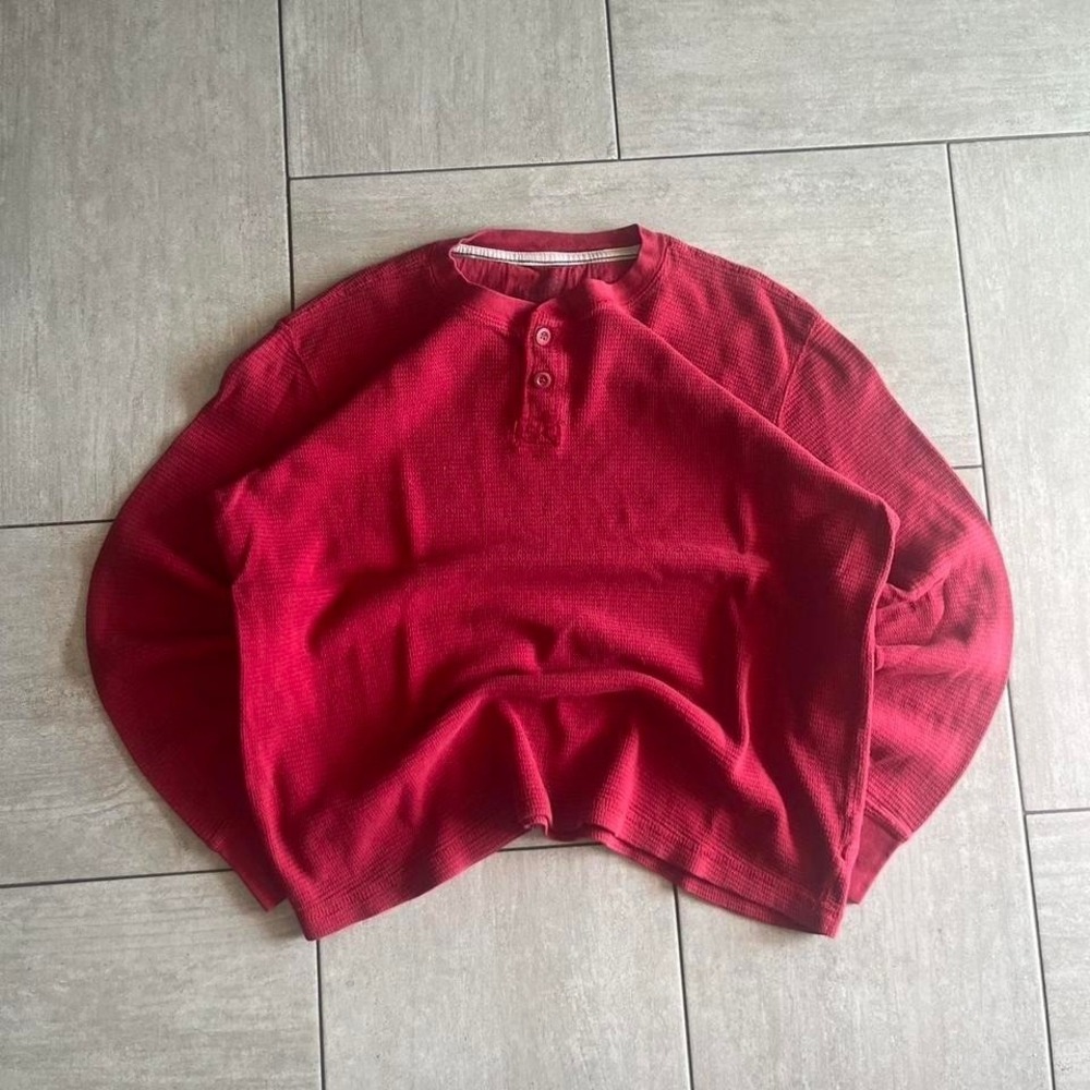 Faded Glory Mens XL Red Waffle Knit Henley Long Sleeve Organic Cotton Shirt